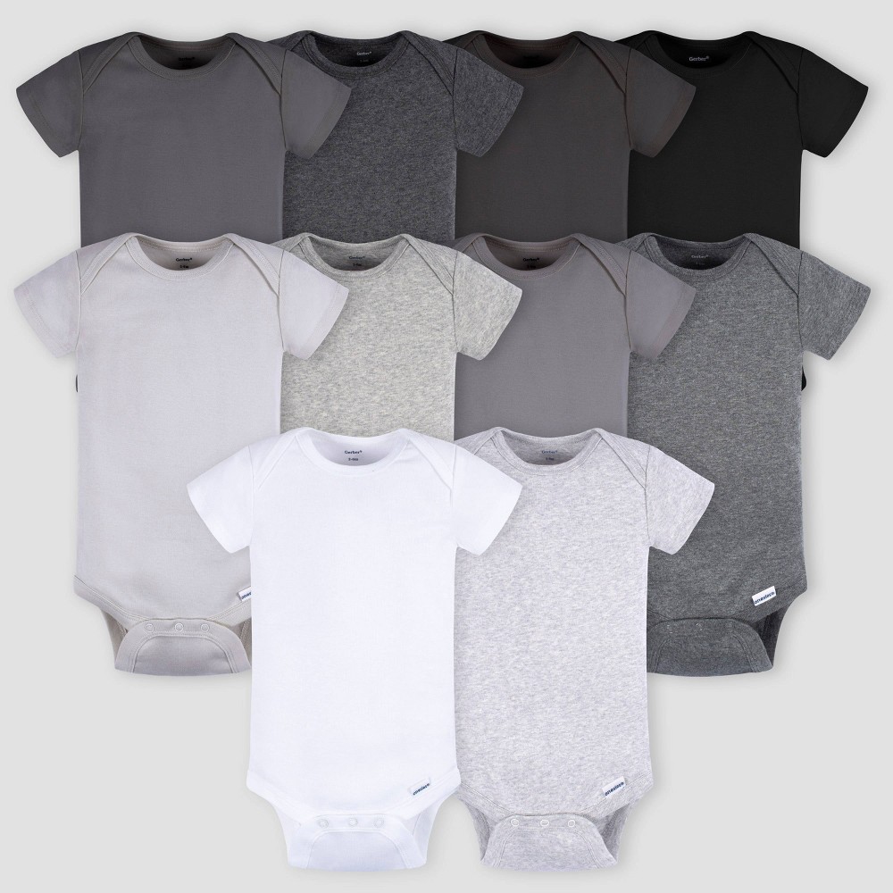 Gerber Baby 10pk Short Sleeve Onesies - Black/Gray/White 12M