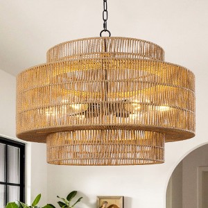 LamQee Farmhouse Rattan Chandeliers, Boho Chandelier Light Fixture with V-Shaped Hand Woven Wicker Shade - 1 of 4