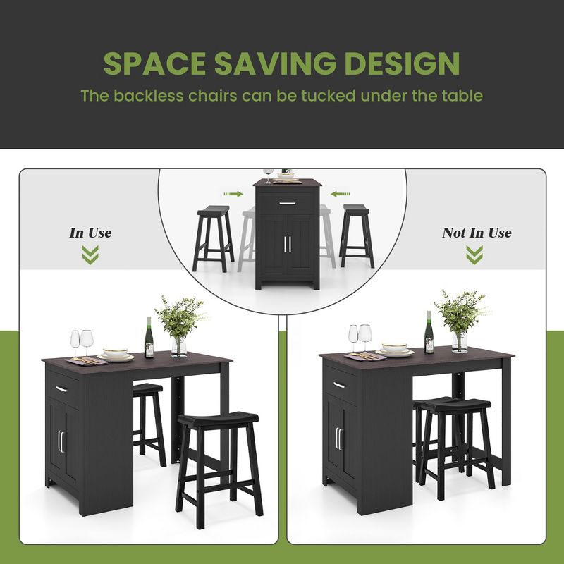 Costway 3 Pieces Bar Table Set Pub Dining Table with Saddle Stools & Storage Cabinet Black, 4 of 8