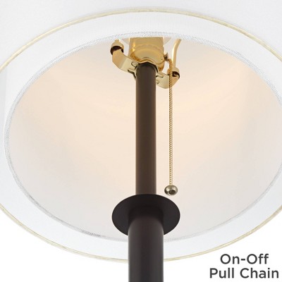Tall Bronze Metal Tripod Floor Lamp with White Cylinder Shade