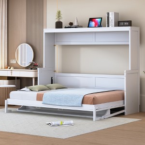 Full/Queen Size Murphy Bed Wall Bed with Hydraulic Lift and Desk Design, White/Gray-ModernLuxe - 1 of 4