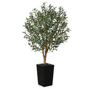 DR.Planzen 72" Artificial Olive Tree with Real Wood Branches - 6FT UV Resistant Indoor/Outdoor Fake Plant in 15.7" Planter (B/W/Coffee) - 1 of 4