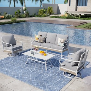 Captiva Designs 4pc extra large metal and rattan outdoor patio conversation set with swivel grid-back chairs and table - 1 of 4