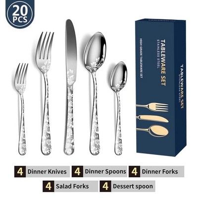 LunaLulinlk 20PCS Stainless Steel Silverware Set with Flower Pattern – 4 of Each Knife