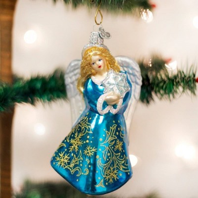 Hand-Painted Glass Angel Ornament with Blue Gown