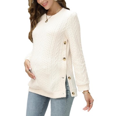Women's Cable Knit Maternity Tops Round Neck Long Sleeve Pregnancy Nursing Pullover Sweatshirt Double Split Buttons