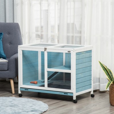 Light Blue Wooden Guinea Pig Cage with Ramp and Wheels