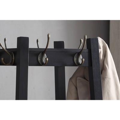 Black Wood Coat Rack with 3-Tier Storage Shelves