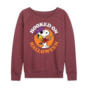 Women's - Peanuts - Hooked On Halloween Lightweight French Terry Wide Neck Long Sleeve Shirt - 1 of 4