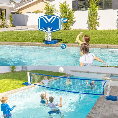 Blue and White 2-in-1 Pool Basketball Hoop & Volleyball Net Set