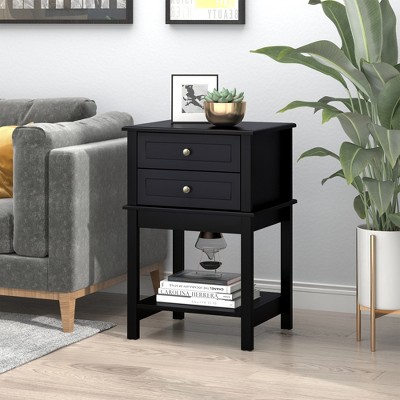 Modern Black Wood Side Table with Dual Storage Drawers and Shelf