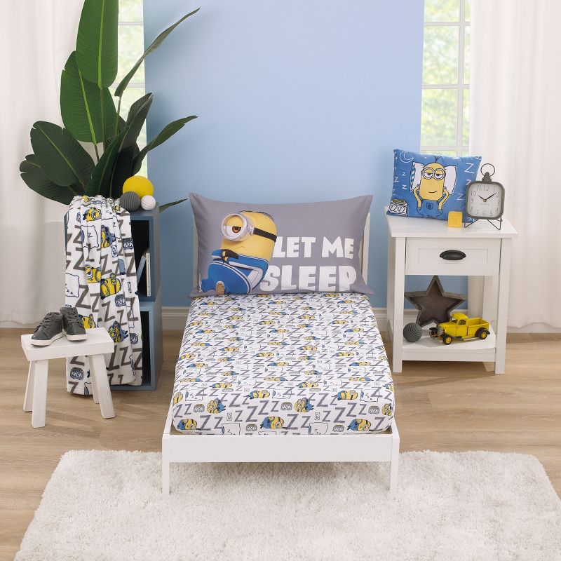 Illumination Lazy Minions Club Gray, Blue, Yellow, and White Let Me Sleep 2 Piece Toddler Sheet Set - Fitted Bottom Sheet, Reversible Pillowcase, 1 of 7