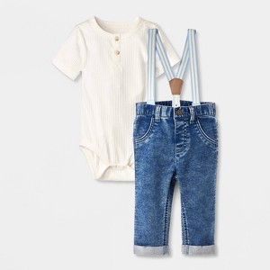 Baby Boys' Denim Suspender Set - Cat & Jack™ Cream - 1 of 4