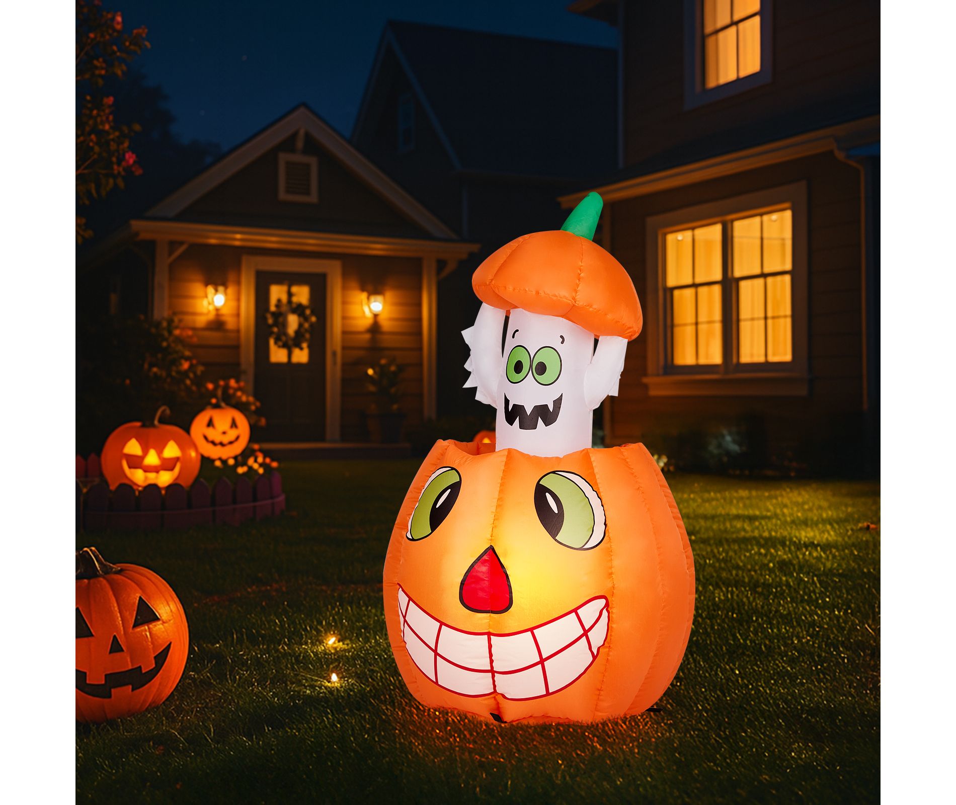 2.8 FT Halloween Inflatables Animated Pumpkin Ghost, Outdoor Decorations Blow Up Yard Decor