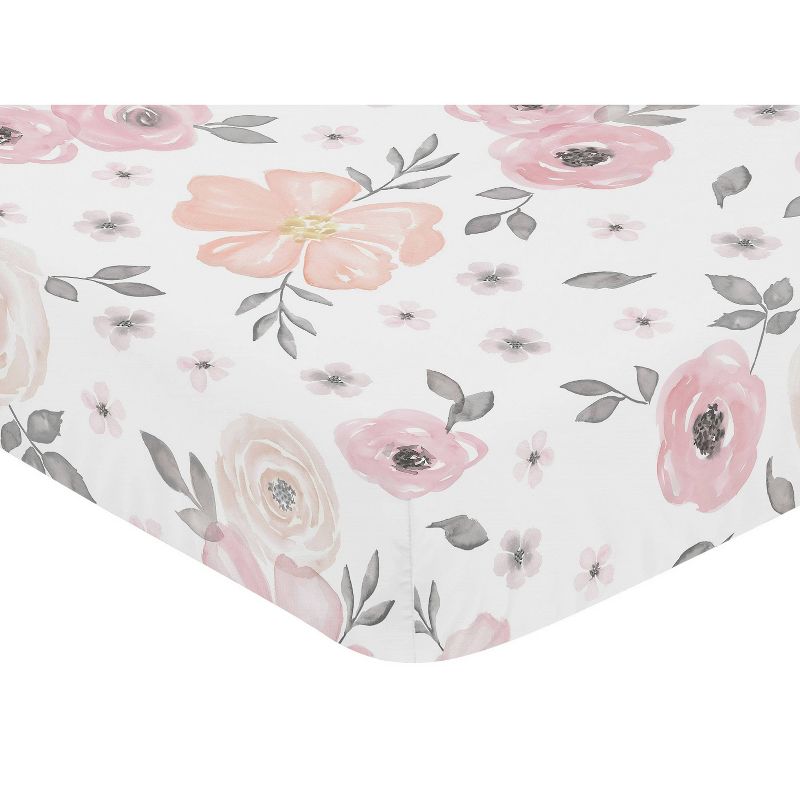 Sweet Jojo Designs Watercolor Floral Fitted Crib Sheet - Pink/Gray, 4 of 9