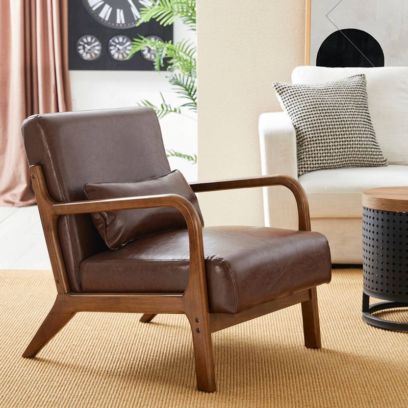 Mid-Century Modern Leatherette Arm Accent Chair Walnut Rubberwood Frame Coffee - Glitzhome, 3 of 11