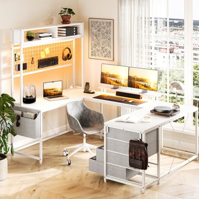 Whizmax U Shaped Desk with Monitor Stand and LED Lights, Large Corner Office Desk with 4 Drawers, U Shaped Computer Desk with Power Outlets