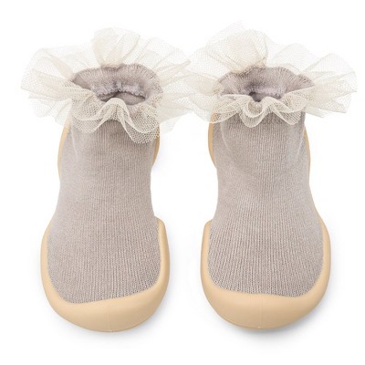Komuello Toddler Girl Sock Shoes - Tulle Trim Beige