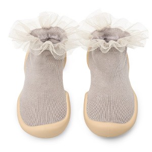 Komuello Toddler Girl Sock Shoes - Tulle Trim Beige - 1 of 4
