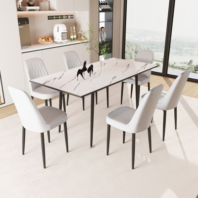 NicBex Kitchen Table Chairs Set Extendable Dining Room Table with MDF Tabletop and 6 Thick Cushion PU Chairs for Dining Room