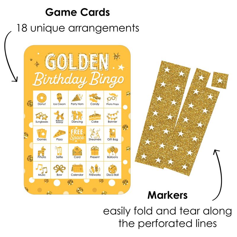 Big Dot of Happiness Golden Birthday - Picture Bingo Cards and Markers - Birthday Party Bingo Game - Set of 18, 2 of 6