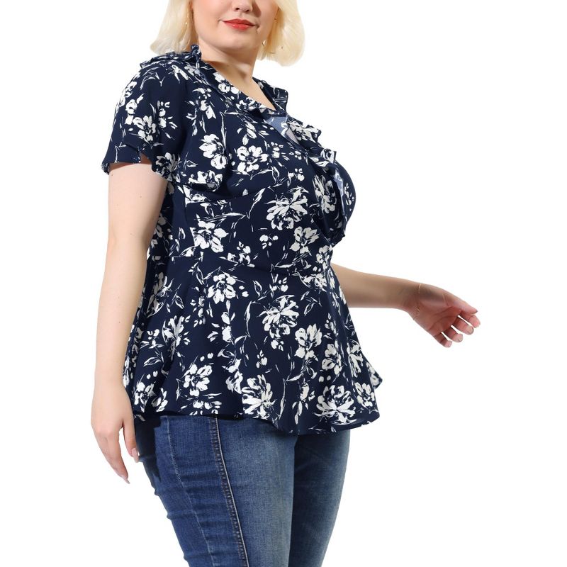 Agnes Orinda Women's Plus Size Relaxed Fit Ruffle Neck Floral Wrap Tie Waist Blouse, 3 of 8