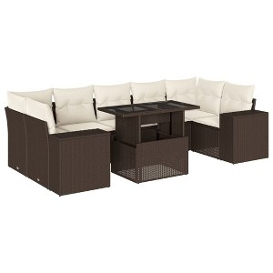 vidaXL Patio Sofa Set with Cushions Outdoor Furniture 8 Piece Poly Rattan - Brown and cream without storage - 1 of 4