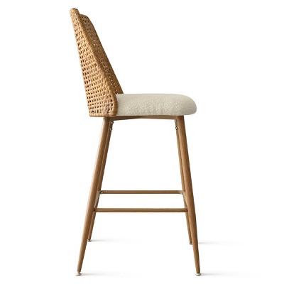 Oak and Rattan Upholstered Counter Stools, Set of 2