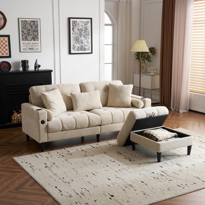 77.2"W Chenille Upholstered L-Shaped Sofa with Storage Ottoman, Tufted Couch with Pillows, Charging Station and Side Pockets - ModernLuxe
