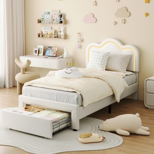 Twin Upholstered Bed Frame with Smart LED and Adjustable Bear Headboard, Velvet Platform Bed - 1 of 4