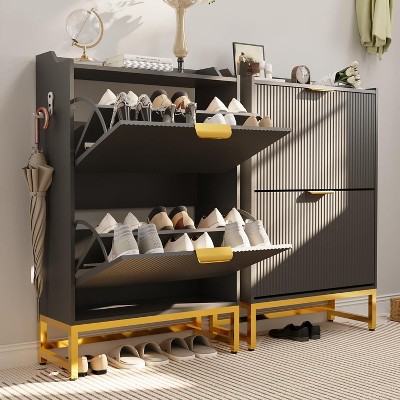 Modern Wave Shoe Cabinet with 2 Flip Drawers, Slim Fluted Entryway Organizer with Metal Frame