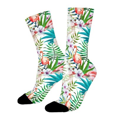Pink Flamingo Tropical Floral Women Printed Crew Socks Funny Funky Socks Soft Polyester Novelty Gifts for Artists Men