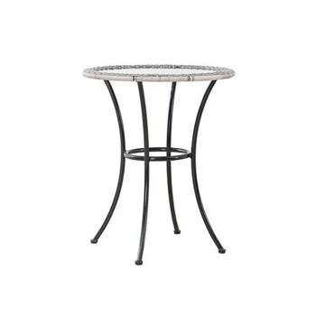 Four Seasons Courtyard 24 Inch Round Marbella Wicker Bistro Patio Table Portable Outdoor Backyard Deck Furniture with Glass Tabletop, Gray/Black