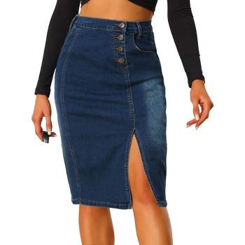 Allegra K Women's Button Decor Side Slit Slash Pocket Midi Denim Skirt