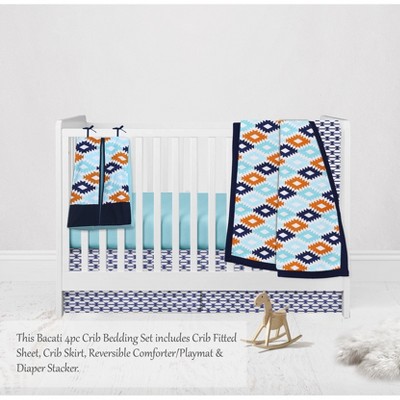 Bacati - Aztec Print Liam Aqua Orange Navy 4 pc Crib Bedding Set with Diaper Caddy