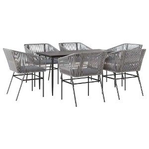 vidaXL Patio Dining Set with Cushions Table and Chairs Set Poly Rattan Glass - Gray 63" x 31.5" x 29.1" 6 Pieces - 1 of 4