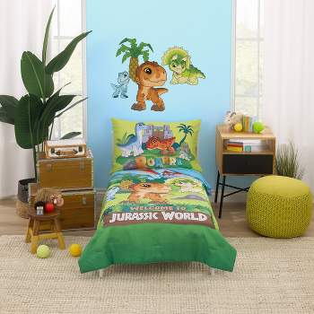 Universal Jurassic World Explorers Welcome to Jurassic World, Green, Blue, and Tan Dinosaur 4 Piece Toddler Bed Set