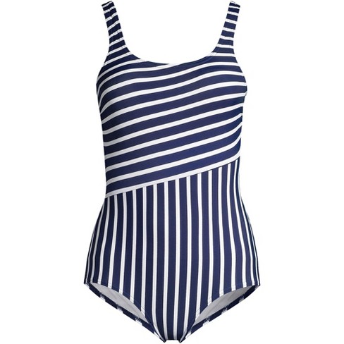 Lands' End Women's Plus Size Chlorine Resistant Soft Cup Tugless Sporty One  Piece Swimsuit - 16w - Deep Sea/white Media Stripe : Target