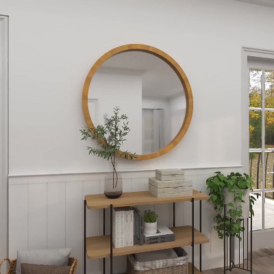 24" Round Natural Brown Wood Wall Mirror