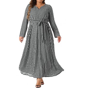 Agnes Orinda Women's Plus Size Houndstooth Split Neck Long Sleeve Tie Waist Maxi A-Line Dresses - 1 of 4