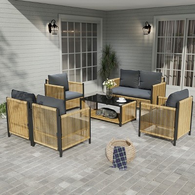 Coolbibila-PE Wicker Sofa Set Brown, 2 Pieces Single Sofa With Gray Cushion, Patio Furniture Set 2 Piece, Accent Chairs For Outdoor