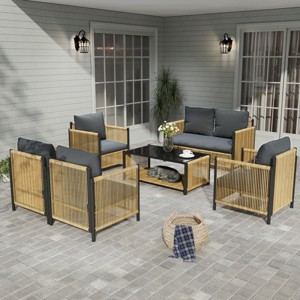 Coolbibila-PE Wicker Sofa Set Brown, 2 Pieces Single Sofa With Gray Cushion, Patio Furniture Set 2 Piece, Accent Chairs For Outdoor - 1 of 4