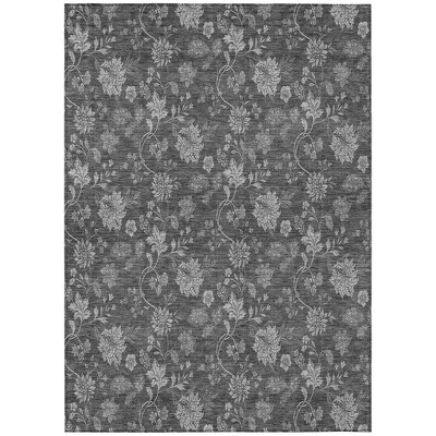 Gray Charcoal And Silver Floral Washable Indoor Outdoor Area Rug
