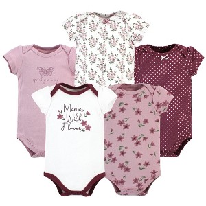 Hudson Baby Infant Girl Cotton Bodysuits, Plum Wildflower 5 Pack - 1 of 4