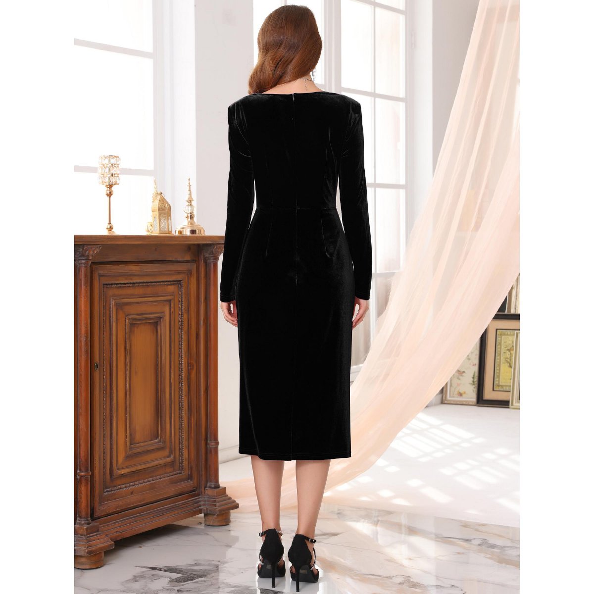 Женские платья INSPIRE CHIC Women's Velvet Ruched Square Neck Long Sleeve Formal Evening Cocktail Midi Dresses Large Black — фото 4