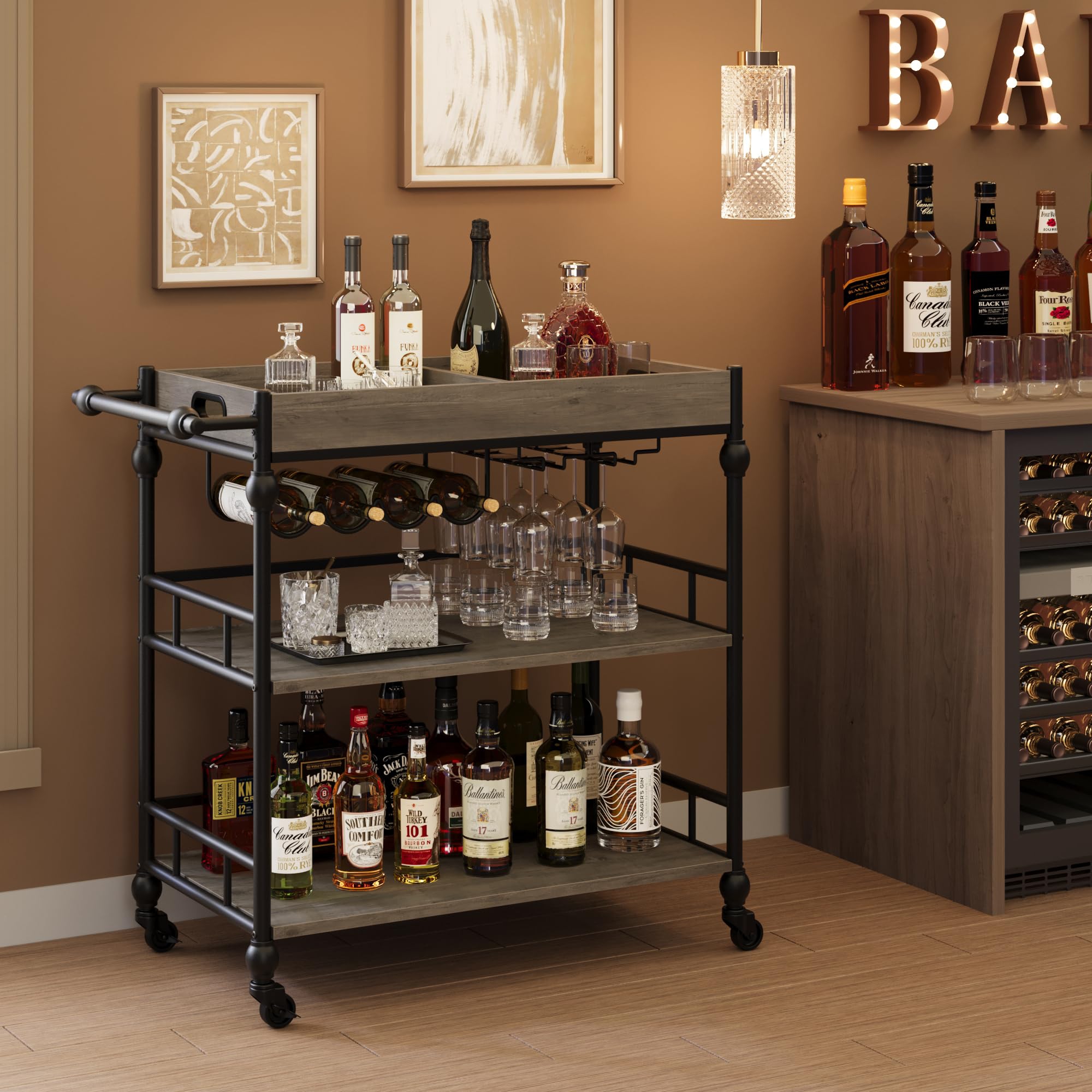 Bar Cart, Bar Carts for The Home, 3 Tier Serving Cart With Wheels, Home Bar & Serving Carts, Metal Rolling Cart With Wine Rack & Removable Tray