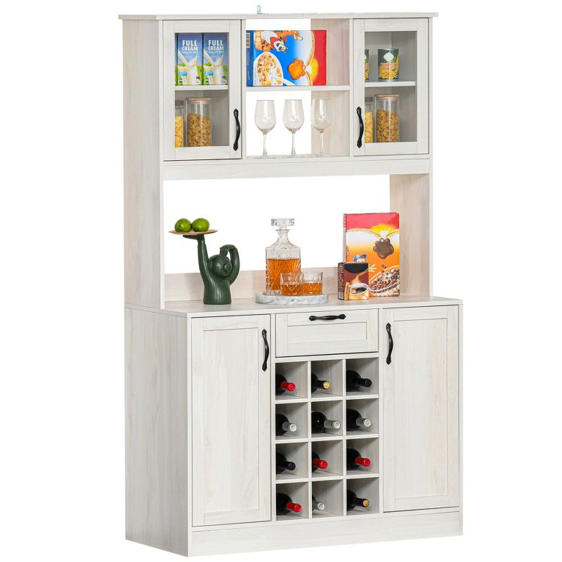 HOMCOM Kitchen Buffet with Hutch Cupboard with Utility Drawer, 4 Door Cabinets,  and Optional 12-Bottle Wine Storage, White, 4 of 9