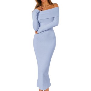 Women's 2025 Fall Off-Shoulder Bodycon Sweater Dress - Elegant Long Sleeve Midi/Maxi Dress for Club, Party & Formal Occasions Blue - 1 of 4