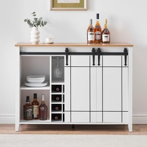 47" Coffee Bar Cabinet w/16 Wine & Glass Rack, Storage Shelves Farmhouse Wine Bar Sideboard w/Sliding Barn Door - 1 of 4