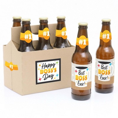 Big Dot of Happiness Happy Boss's Day - Best Boss Ever Decorations for Women and Men - 6 Beer Bottle Label Stickers and 1 Carrier